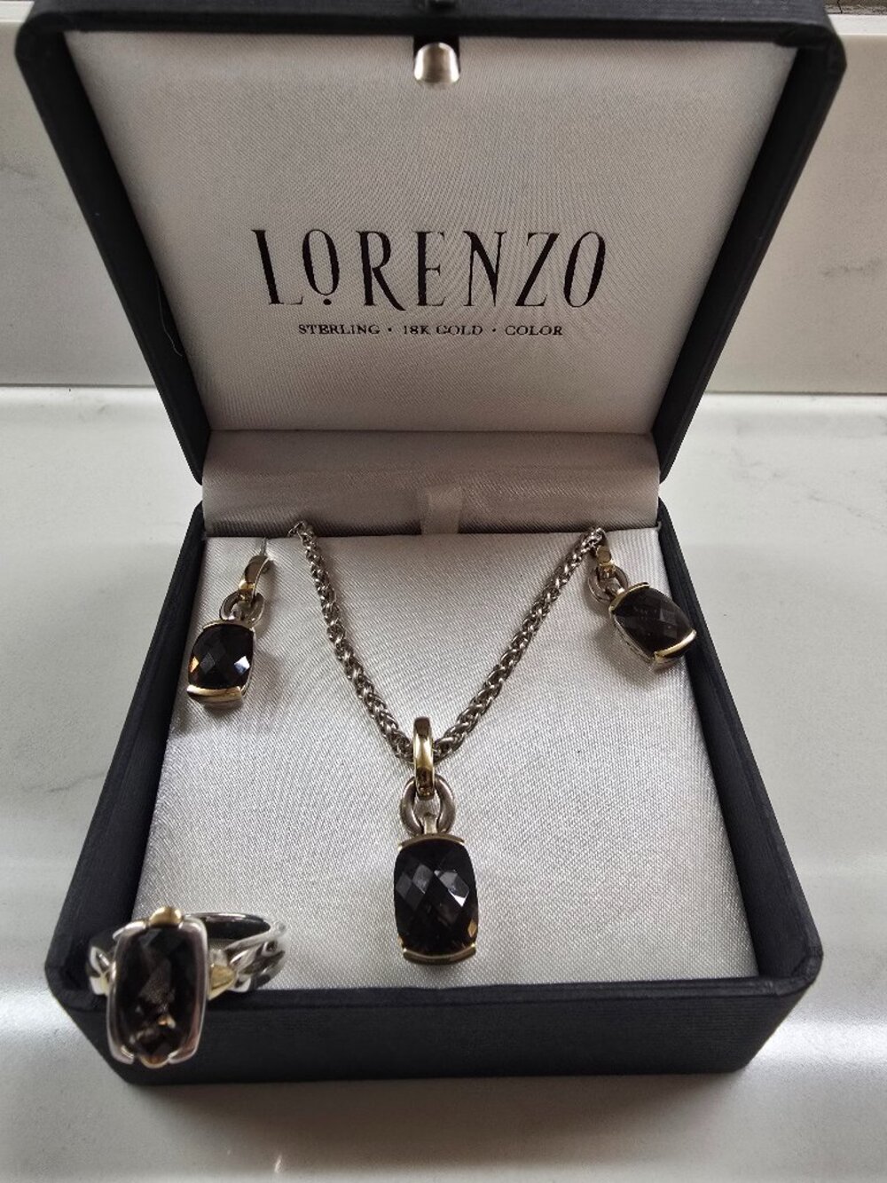 Stunning Lorenzo 18K Gold and Sterling Smokey Quartz Set
